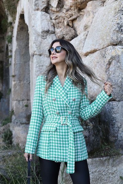 bytugcekaya Blazer verde Houndstooth cu centură