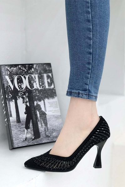 KOCAMANLAR Feles Goblet Heel Cinderella Stone Stiletto Pantofi cu toc dama Negri