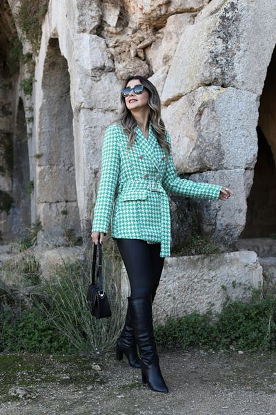 bytugcekaya Blazer verde Houndstooth cu centură