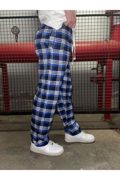 1blood Mavi Kare Desenli Unisex Pijama Eşofman