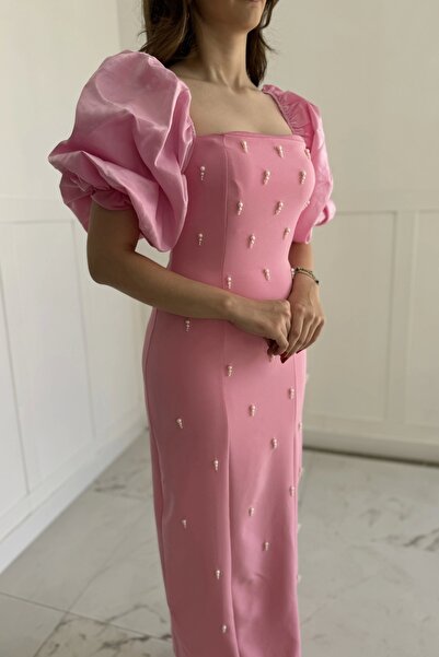 Genel Markalar Kare Yaka Maxi Boy Taş Detaylı PERA Pembe Elbise