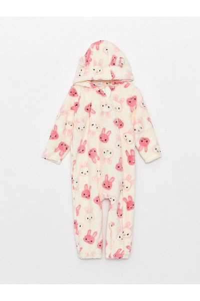 LC Waikiki Lcw Baby Ecru Hooded Long Sleeve Baby Girl Plush Romper