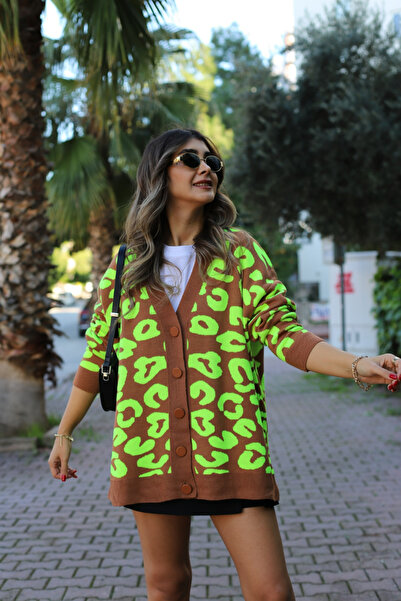 bytugcekaya Neon Sarı Standart Beden Benekli Hırka