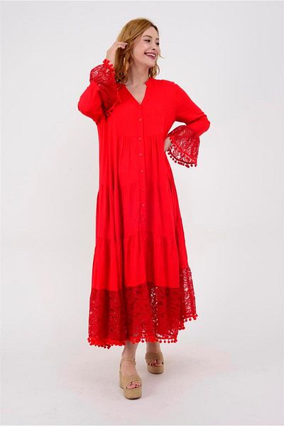 Bohem Stil Rochie lungă cu dantelă cu pompon