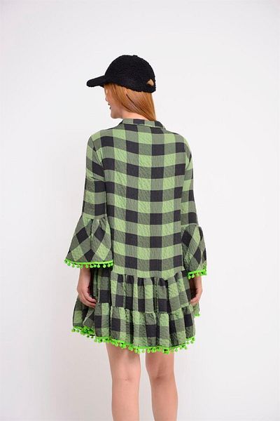Bohem Stil Rochie scurtă cu volan în carouri cu pompon verde pentru femei