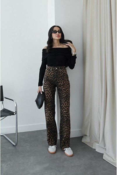 Havoş Black Gage Leopard Pattern Straight Jeans