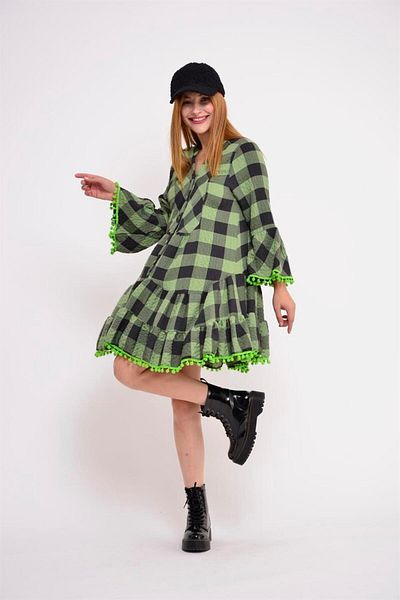 Bohem Stil Rochie scurtă cu volan în carouri cu pompon verde pentru femei
