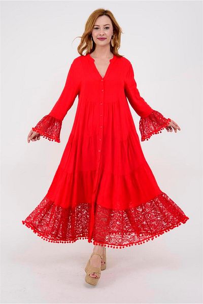 Bohem Stil Rochie lungă cu dantelă cu pompon