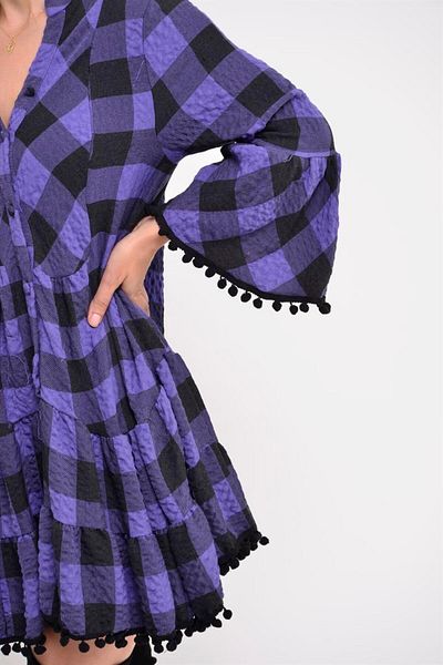 Bohem Stil Rochie scurtă cu volan în carouri mov cu pompon de damă