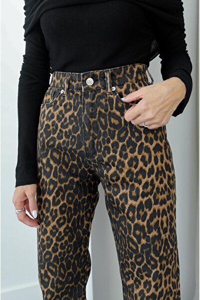 Havoş Black Gage Leopard Pattern Straight Jeans