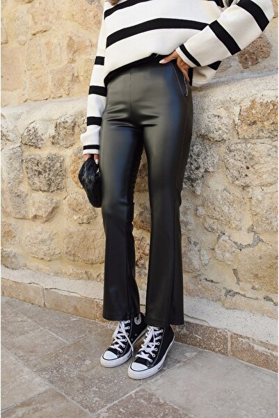 Havoş Black Side Zipper Leather Trousers