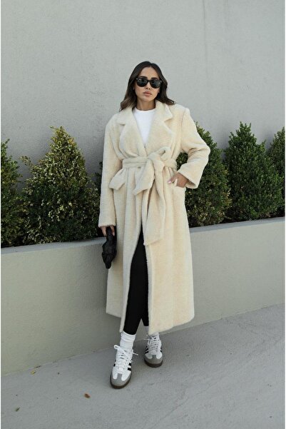 Havoş Μπεζ βελούδινο παλτό με ζώνη