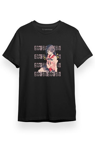 Tshirthane Monogatari Anime Tsubasa Hanekawa Lettern Αφίσα Μαύρο κοντομάνικο ανδρικό μπλουζάκι