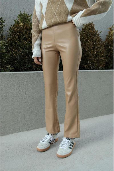 Havoş Beige Side Zipper Leather Trousers
