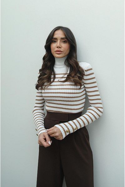 Havoş Ecru Mink Fisherman Striped Gold Button Detailed Knitwear