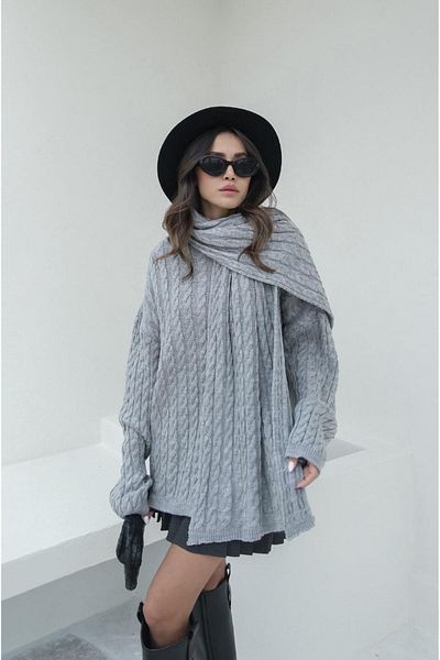 Havoş Gray Scarf Hair Knitted Sweater