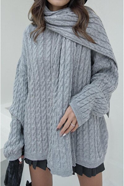 Havoş Gray Scarf Hair Knitted Sweater
