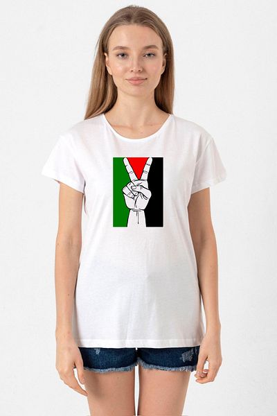 Tshirthane Free Hand Palestine Flag White Women's Bicycle Collar T-shirt