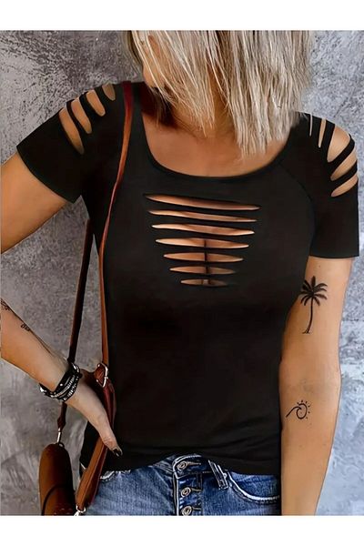 Moka Shopin Feminine Touch Women's Short Sleeve Shoulder and Chest Laser Cutout Detail Viscose Blouse