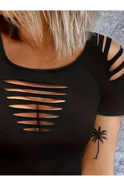 Moka Shopin Feminine Touch Women's Short Sleeve Shoulder and Chest Laser Cutout Detail Viscose Blouse
