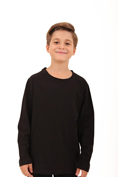 Perendi 2'li Bisiklet Yaka Uzun Kollu Çizgili Ve Düz Unisex Çocuk Tshirt Siyah Gri-siyah