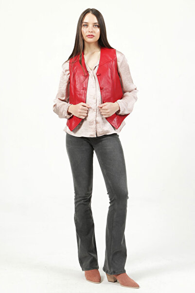 Dericlub Vittoria Women's Slim Fit Genuine Leather Vest - Buttoned, Red