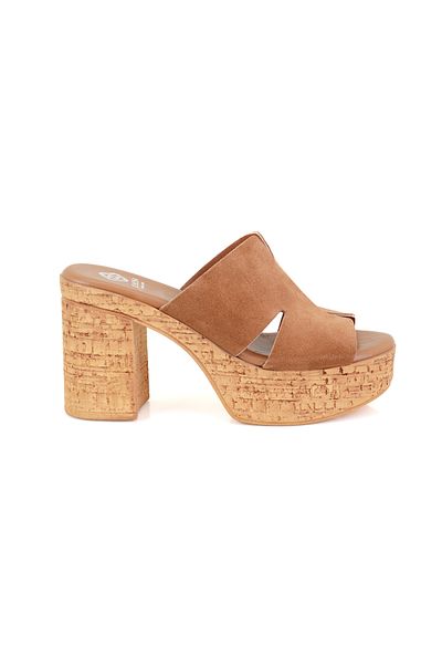 Desa Women's Tan Platform Heeled Leather Slippers