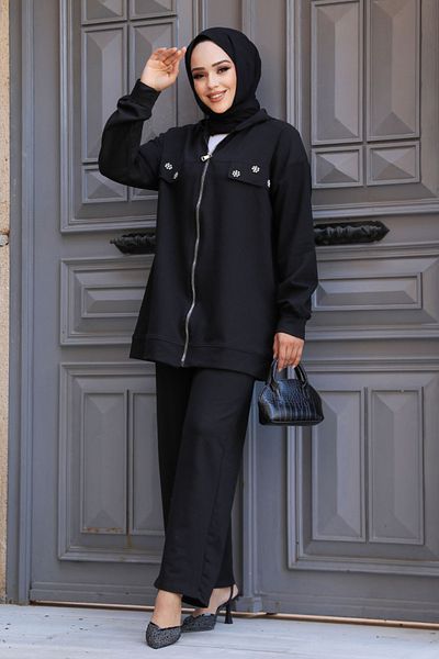 Neva Style Set dublu Hijab cu glugă neagră - 20121S