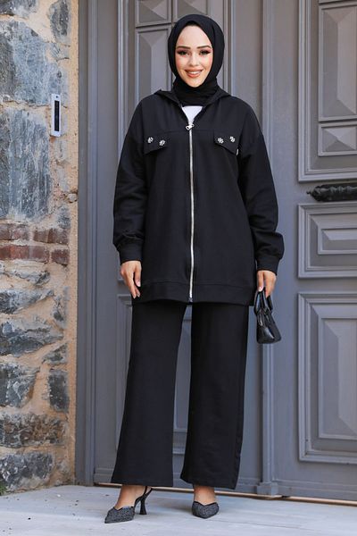 Neva Style Set dublu Hijab cu glugă neagră - 20121S
