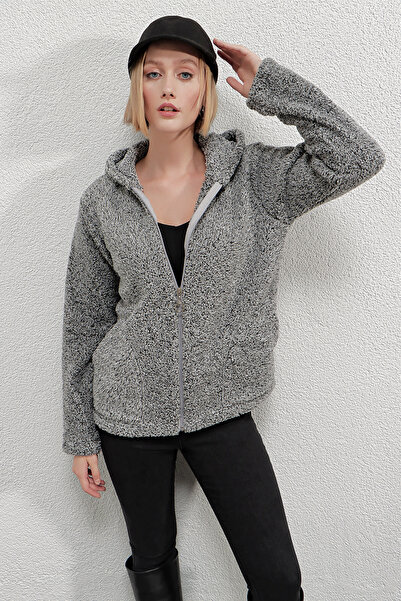 hazelin Kadın Welsoft esnek kumaş Gri Peluş Yumoş Önü Fermuarlı Kapüşonlu Ceket HZL23W-DSB110081