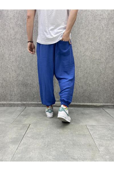 FıttingRoom Beli Lastikli Viscon Linen Kumaş Indigo Yarım Şalvar