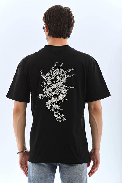 New Shine Unisex Oversize εμπριμέ μπλουζάκι με λαιμόκοψη - Μαύρο