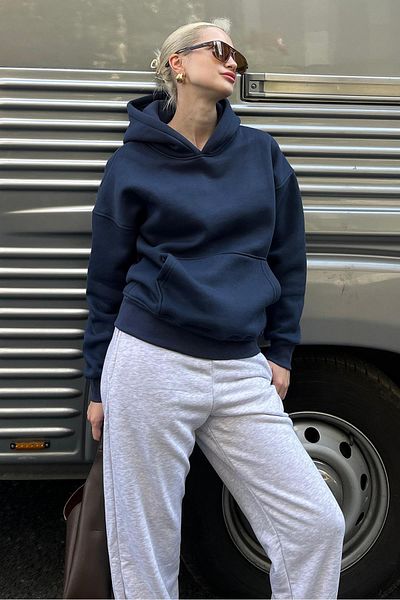 Madmext Navy Blue Oversize Sweatshirt with Hood - Pocket, Mg2206