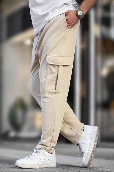 Madmext Beige Basic-Jogginghose – Cargotasche mit verstellbarer Taille 6552