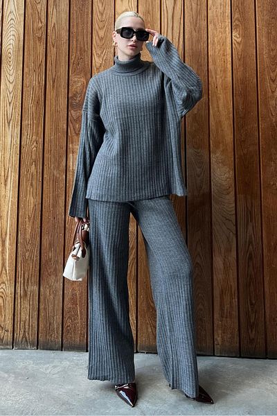 Madmext Anthrazitfarbenes Strickpullover- und Hosen-Set – Langarm MG2173