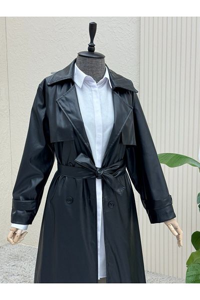 Modamorfo Black Long Leather Cap with Bolero and Waist Laces