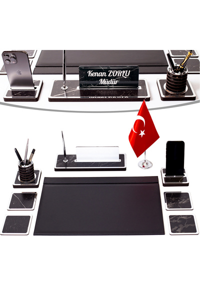 isimliksepeti Star Bayraklı Mermer Desenli Ahşap Sümen Takımı Deri Sümen Seti Masa İsimliği - Gümüş