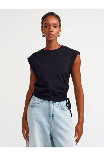 Dilvin 31075 Yanları Büzgü Detaylı Taşlı T-shirt-Siyah