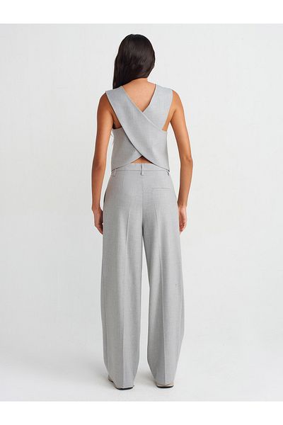 Dilvin 71545 - Light Gray Wide Leg Draped Trousers