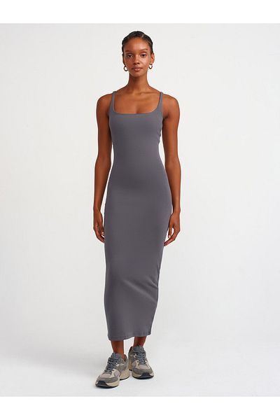 Dilvin 91172 Rochie midi afumată închisă - Guler pătrat