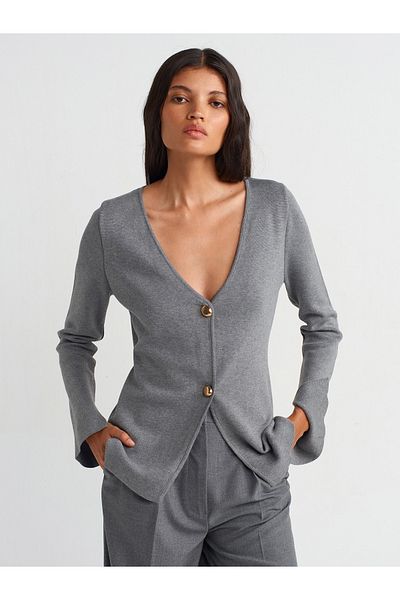 Dilvin 60250 Model V-Neck Smoked Knitwear Cardigan - Sleeve Slit and Button Detail