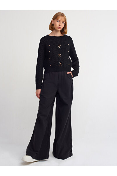 Dilvin 10462 Bisiklet Yaka Önü Taş Işlemeli Kazak-siyah