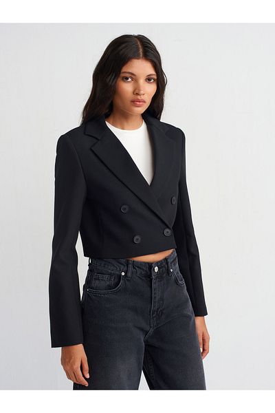 Dilvin 60744 Black Double Breasted Crop Blazer - Buttoned