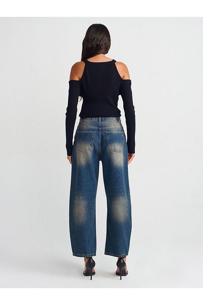 Dilvin 71718 Pantaloni din denim cu tăietură cu balon cu detalii cu cleme - Albastru închis