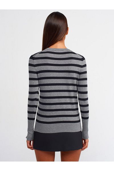 Dilvin 10433 Crew Neck Striped Mid-Sleeve Drolpu Sweater-Smoked-Black