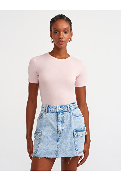 Dilvin 30747 Bisiklet Yaka Basic T-shirt-Pudra