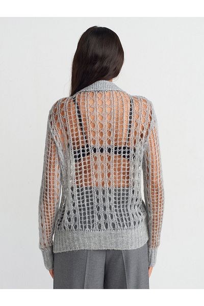 Dilvin 10624 Polo Collar Gray Melange Knitwear Sweater - Stone Buttoned and Openwork