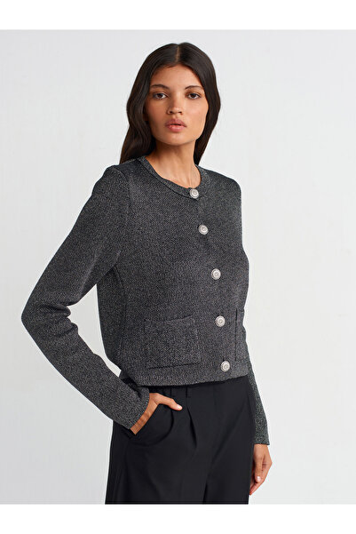 Dilvin 60245 Ζακέτα πλεκτή με λαιμόκοψη κυκλική και λαμπερές πέτρες - Με τσέπ...