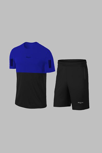 POSEIDON STORM Set tricou și pantaloni scurți pentru bărbați, albastru Dri-fit Sportsman - Buzunare, neimprimat, decolteu (S-3XL)