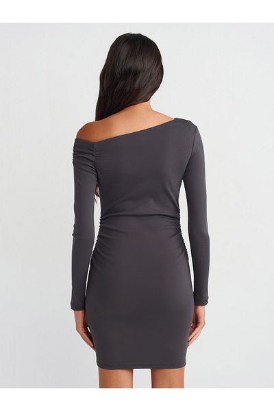 Dilvin 90848 Model Asymmetrical Mini Anthracite Dress